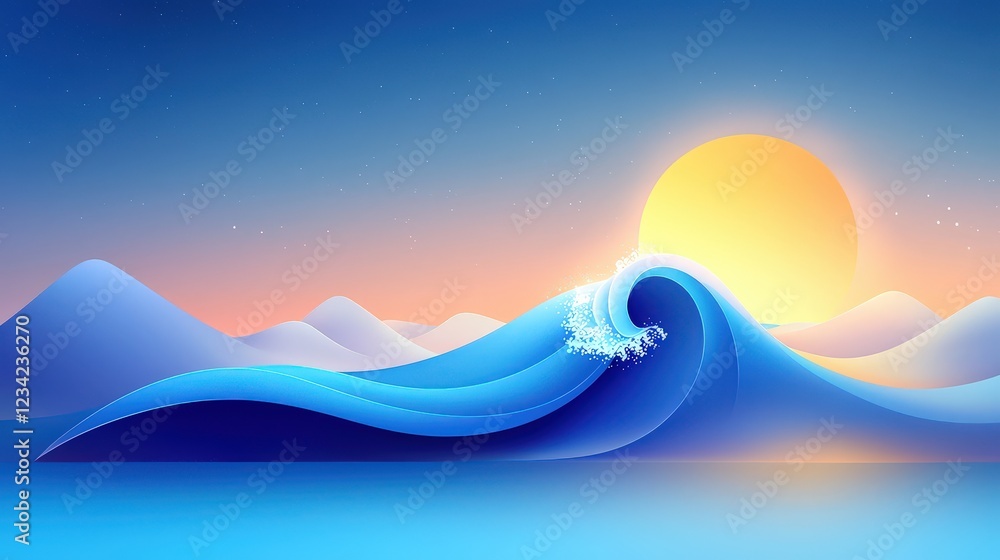 Poster a dynamic seaside vector with stylized waves crashing on the shore, using strong contrast and vivid 