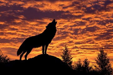 Silhouette of a howling wolf against a vibrant sunset sky in a tranquil wilderness setting
