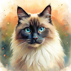 Watercolor art showcasing the Ragdoll cat’s affectionate nature and striking blue eyes