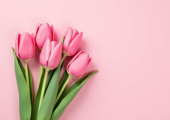 Fototapeta premium pink tulip bouquet pastel pink background various occasions celebrations flat laid design plenty space