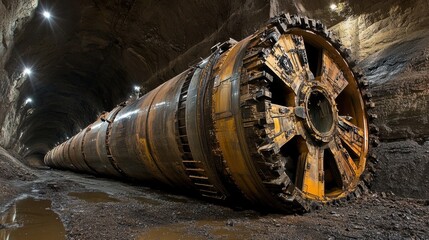 A large tunnel boring machine in operation, carving through rock