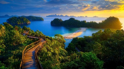 Obraz premium Tropical islands tranquil private concept. A serene landscape featuring a wooden path winding through lush greenery, leading to a tranquil bay with islands under a colorful sunset sky.