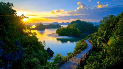 Fototapeta premium Tropical islands tranquil private concept. A serene landscape featuring a wooden path winding through lush greenery, leading towards calm waters illuminated by a vibrant sunrise.