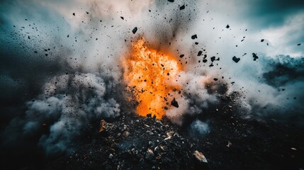 A mining blast in action, sending debris and dust into the air