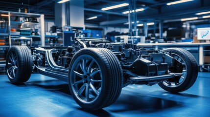 Fototapeta premium A modern car engine displayed in a high-tech laboratory, showing its intricate mechanical components