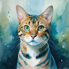 Watercolor illustration of a Bengal cat with its distinctive spotted and marbled coat