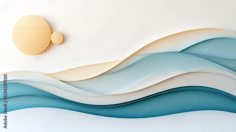 Poster a harmonious seaside design with subtle waves, sand, and coastal elements blended into an abstract a