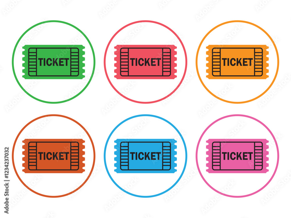 Poster ticket icon set. ticket vector icon in colourful circle isolated on white background. flat style sym