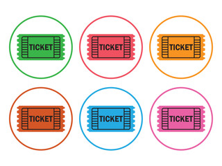 Ticket icon set. Ticket vector icon in colourful circle isolated on white background. Flat style symbol sign template with logo design. Vector illustration.