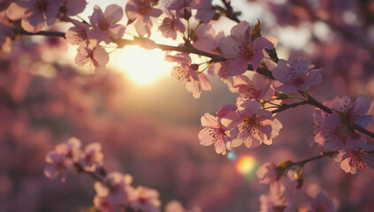 Obraz premium Sunset Blossom: Delicate pink cherry blossoms bathed in the golden light of the setting sun, creating a breathtaking and serene scene.
