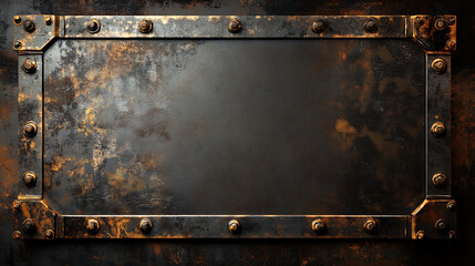 Rustic Dark Brown Rectangular Metal Plate with Rivets and Aged Texture