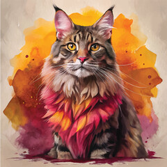 Watercolor illustration of a Maine Coon cat with its majestic fur and large build