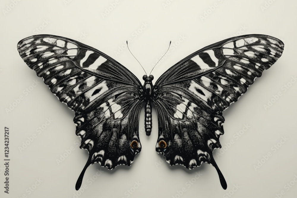 Poster beautiful black and white butterfly with intricate patterns resting on a neutral surface