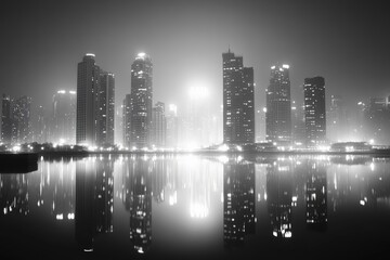 Fototapeta premium City skyline illuminated by lights with reflections on a calm water surface at night in a modern urban setting