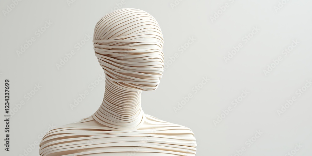 Poster a sculptural figure wrapped in thin strips, creating a textured, abstract representation of a human 