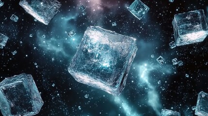 Obraz premium Floating ice cubes in space, cinematic, and hyper-realistic.