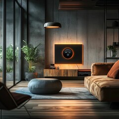Modern living room, warm lighting, concrete wall, comfortable seating.
