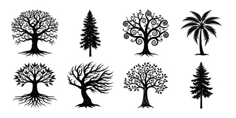 Tree silhouette set. Various trees vector illustration on white background