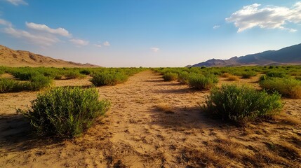 Fototapeta premium Desert Landscape with Green Bushes and Sandy Path