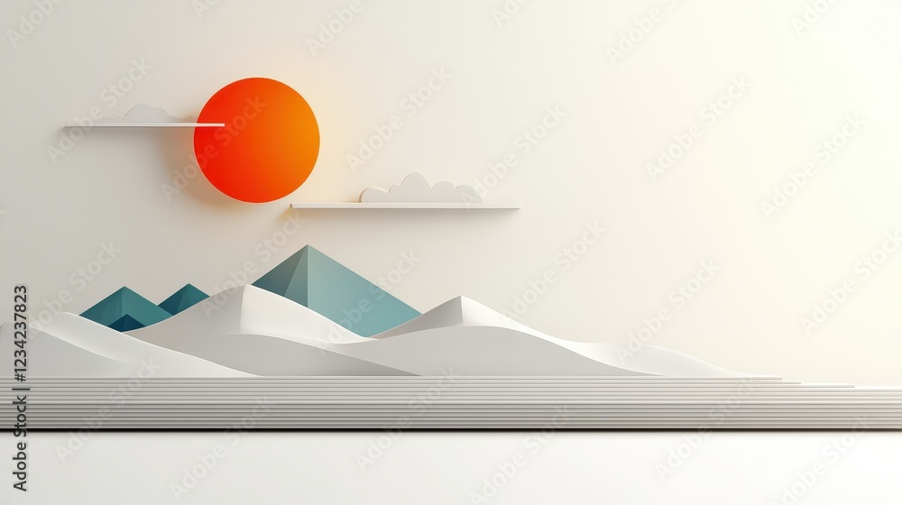 Poster a minimalist geometric beach symbol using circles and angular shapes to create a modern, clean repre