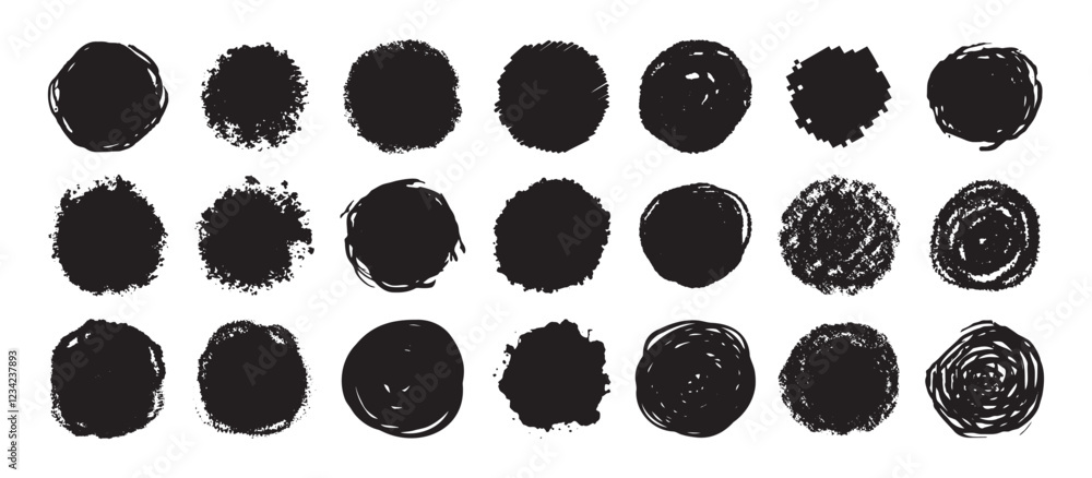 Poster round grunge scratch and textured ink brush strokes set. isolated vector black collection. dirty exp