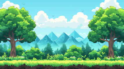 Idyllic Cartoon Landscape Green Forest Mountains Sky