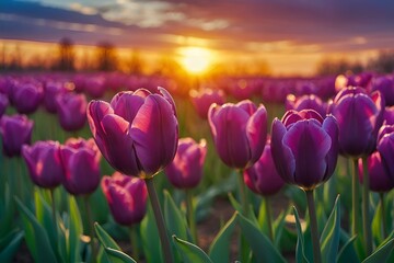 A Beautiful Tulip Field at Sunset, exuding vibrant colors and stunning beauty in nature