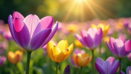 Obraz premium Soft petal details with purple and yellow hues, landscape, meadow, garden