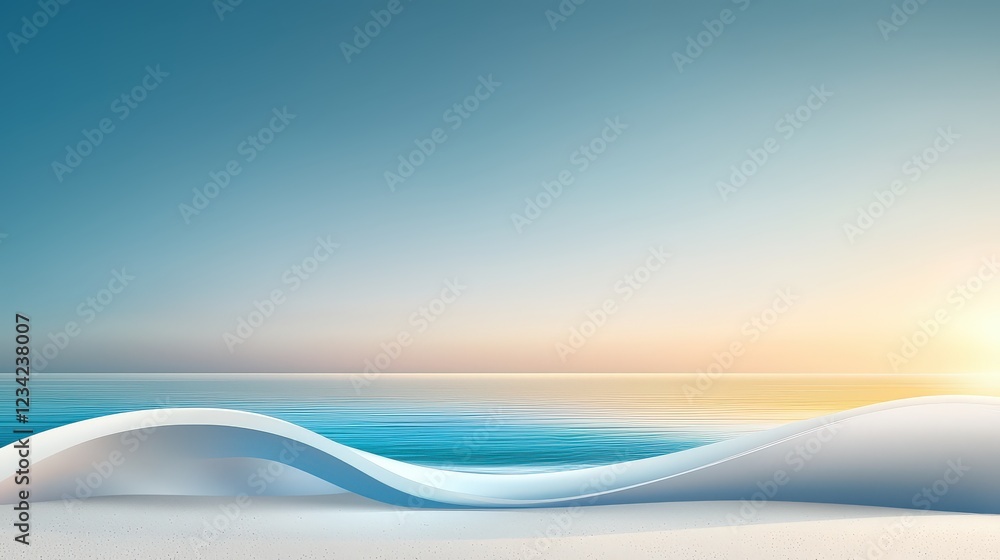 Poster a minimalist seaside vector with smooth curves and a muted color palette, representing the simplicit