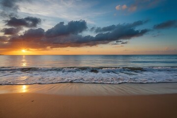 A stunning sunset casts a golden glow over tranquil ocean waters, creating a paradise