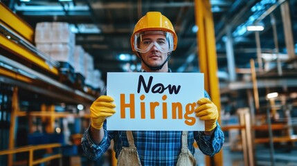 Confident factory worker in safety gear holding bold "Now Hiring" sign