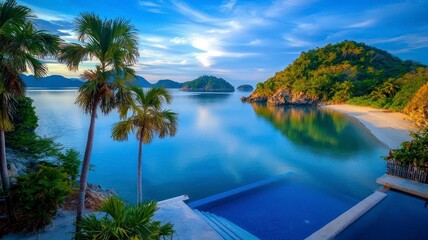 Obraz premium Tropical islands tranquil private concept. A serene beach scene featuring palm trees, calm blue waters, and distant green hills under a vibrant sky at sunset.