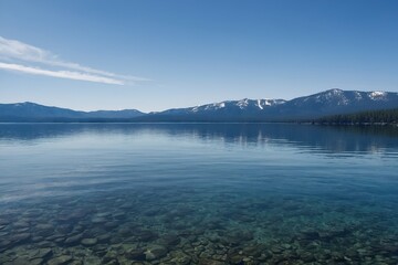 Enjoy the stunning beauty of a tranquil lake nestled among majestic snowcapped mountains