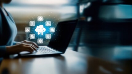 Person using laptop to access cloud storage, digital icons for security and data sharing, cloud security in financial services, online finance tools