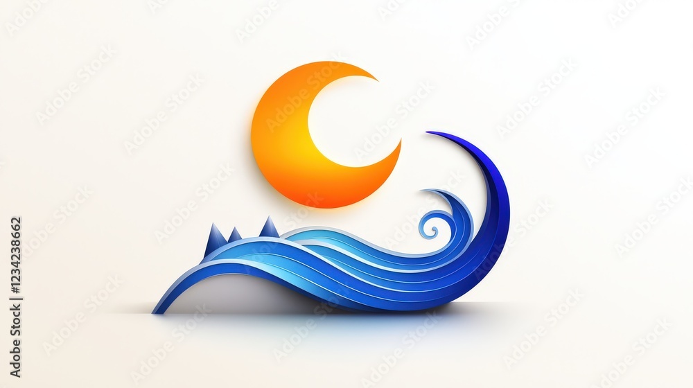 Poster a modern ocean shore logo icon with a combination of circular and curved shapes to represent waves a
