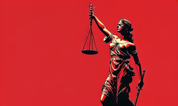 Lady Justice, scales, sword, red background, legal concept