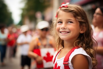 Adorable girl with maple leaf decorations smiling during canada day parade, celebrating national pride and patriotism