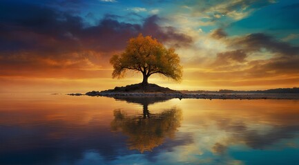 A beautiful, serene sunset creates a stunning reflection of a lone tree on the calm waters