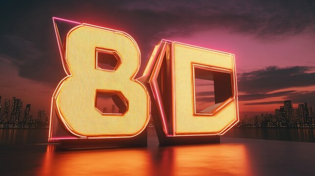 Neon Cityscape: 8D Digital Sign at Dusk