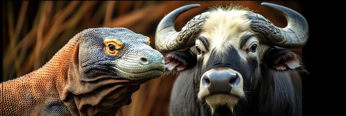 A Regal Encounter A Majestic Water Buffalo Stands Eye-to-Eye with a Fearsome Komodo Dragon.