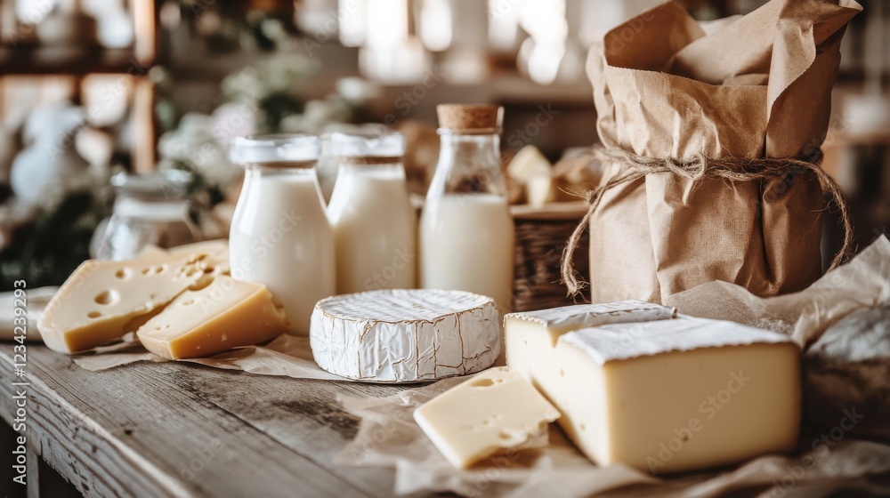 Aufkleber fresh dairy products displayed on a rustic wooden table with natural light and greenery in the backg