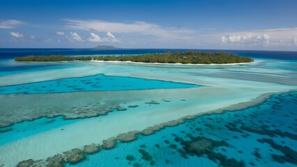 Experience the breathtaking aerial view of a stunning tropical island and its vibrant coral reef