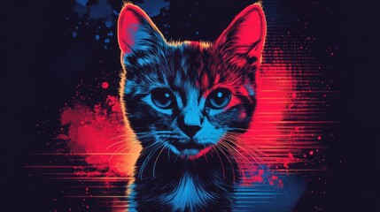 Retro style t-shirt design with 80s cut cat and neon lights