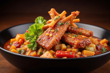 Fototapeta premium vibrant savory dish with marinated meats, vegetables and crispy textures