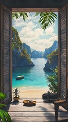 Open window revealing stunning exotic beach, mountains, or famous landmark view