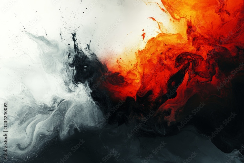 Poster abstract swirling patterns of black, white, and orange colors representing dynamic energy
