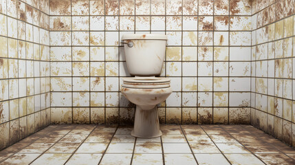 Dirty bathroom with stained toilet and grimy walls in need of cleaning and maintenance