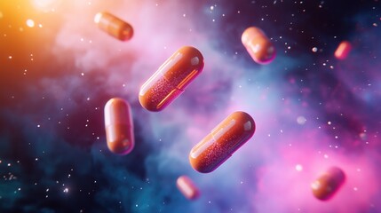 Citing capsule pills floating in space, with a colorful background