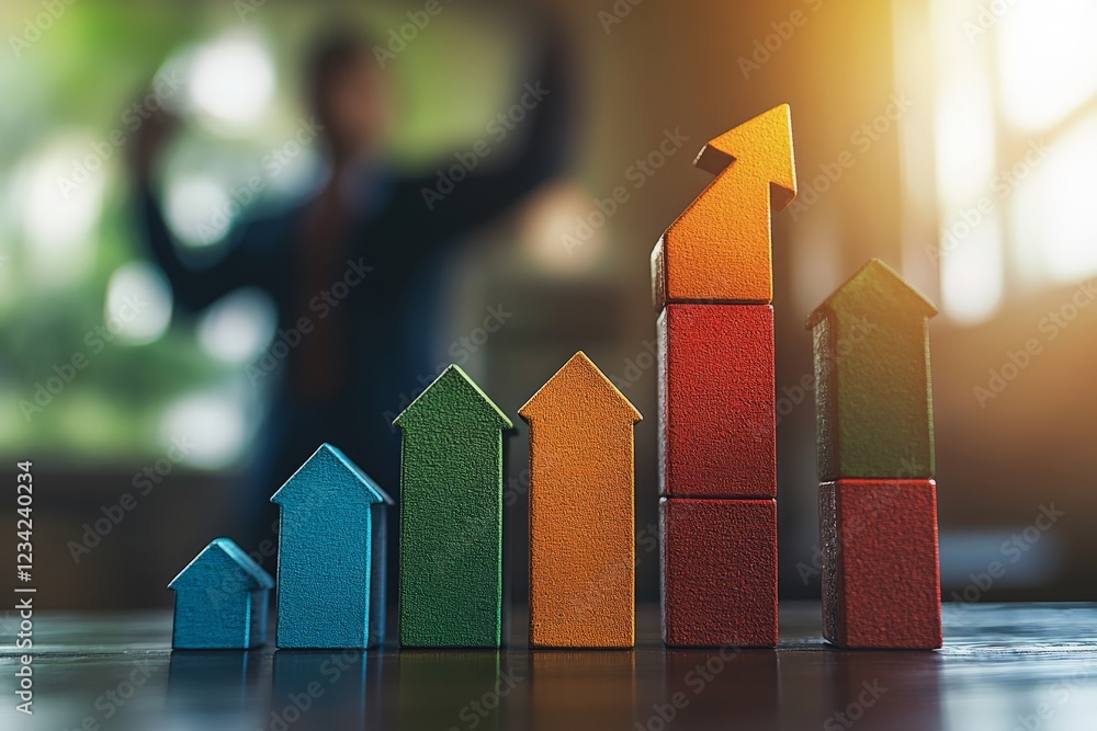 Poster growth metrics illustrated with colorful blocks while professional celebrates success in background