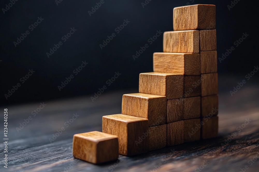 Aufkleber Wooden blocks arranged in a stair-like structure on a dark wooden surface creating a minimalist aesthetic